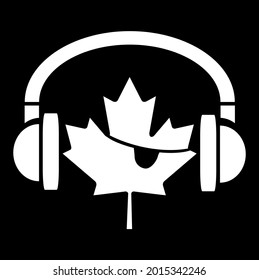 Music Pirates Of Canada Flag Vector Illustration. Drawing Of Black And White Symbol Of Maple Leaf With Headphones And Eye Cover