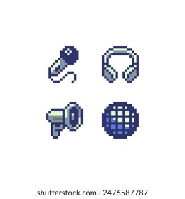 Music pixel art style icons set, emoji. 8-bit sprite. Design for logo game, sticker, web, mobile app, badges and patches. Isolated vector illustration. Game assets.