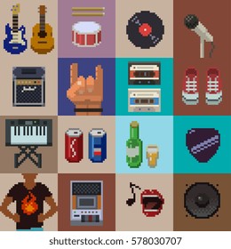 Music Pixel Art Style Icons Set.