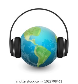 Music planet earth with headphones vector realistic illustration isolated on white background.