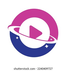 Concepto de diseño del logo del planeta de la música. Diseño de símbolos de reproducción de música.