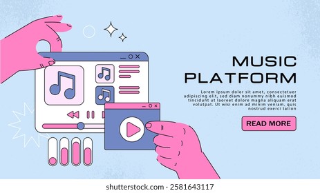 Music platform poster. Hands with online playlist and player. Fun and entertainment, leisure. Musical content on internet. Songs and melodies. Landing webpage design. Flat vector illustration