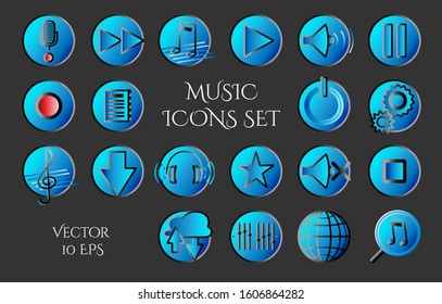 Music and play gradient web icons in blue hues. Set of 20 music icons: play, rec, file, volume. Vector illustration EPS 10