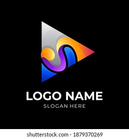 Musik-Play-Logo, Play-Button und Musiknote, kombiniertes Logo mit 3D-farbigem Stil