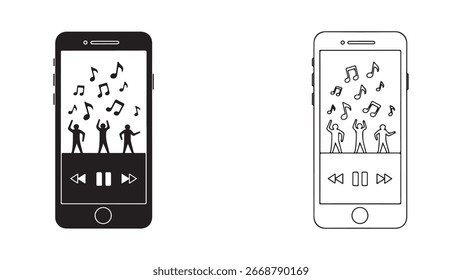 Music player app with dancing people and notes