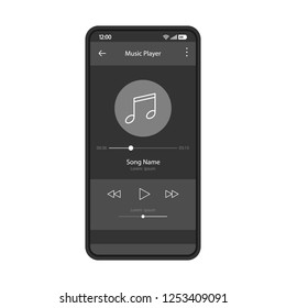 Music player app interface vector color template. Mobile application page black design layout. Media player navigation screen. Flat UI, GUI. Playing audio, radio. Phone display