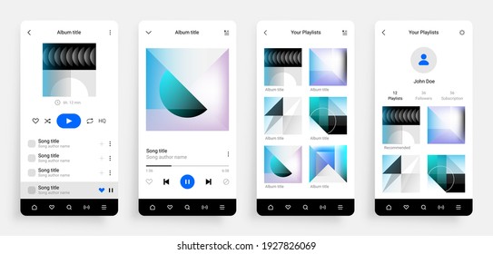 Music Player App. Mobile Multimedia Application Interface With Musical Album, Song Playlist And Social Network Page. Realistic Smartphone UI Mockup With Buttons For Playing Tunes. Vector Touchscreen