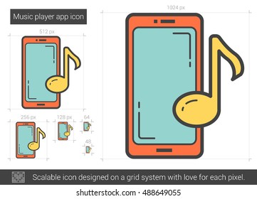 Music player app vector line icon isolated on white background. Music player app line icon for infographic, website or app. Scalable icon designed on a grid system.