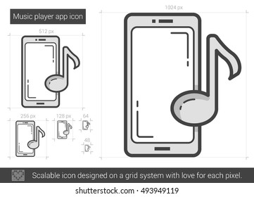 Music player app vector line icon isolated on white background. Music player app line icon for infographic, website or app. Scalable icon designed on a grid system.