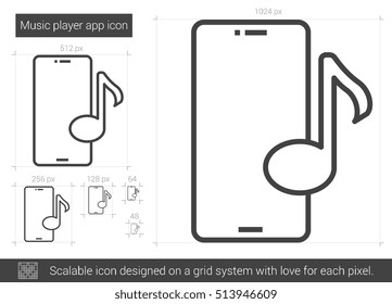 Icono de línea vectorial de la aplicación reproductor de música aislado en fondo blanco. Icono de línea de aplicación para reproductor de música para infografía, sitio web o aplicación. Icono escalable diseñado en un sistema de cuadrícula.