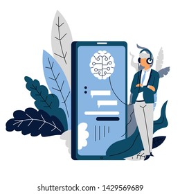 Music player artificial intelligence auto playlist selection vector man in headphones and smartphone voice assistant automatic search AI technologies development mobile app brain symbol search query.