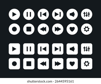 Music player button icon set. Play, pause, next, previous like and settings symbol in black and white color and round square shape. Media interface element