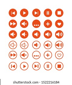 Music player buttons. Play icon, pause recording, and next song or video button and sound control sound. Buttons in one style set of icons in vector.