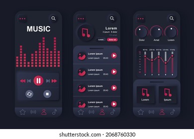 Music player concept neumorphic templates set. Player interface with buttons, song list, sound setting, playlists. UI, UX, GUI screens for responsive mobile app. Vector design kit in neumorphism style