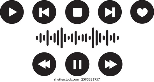 Music Player Control Icons Set. Audio Playback Buttons And Sound Wave Vector.