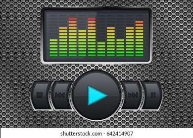Music player control panel interface on metal perforated background. Vector 3d illustration