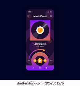 Music player dark smartphone interface vector template. Mobile app page design layout. Playing song from online album. Streaming playlist. Multimedia screen. Flat UI for application. Phone display