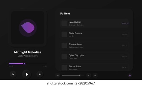 A music player displays the current track and playlist of electronic music. Several songs are listed under the Up Next section while one track is playing.