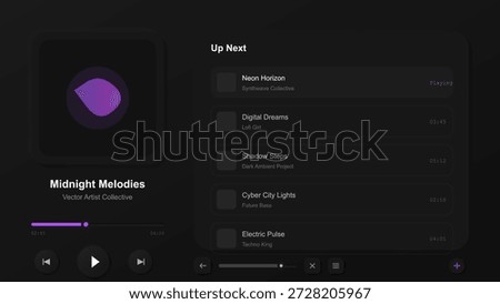 A music player displays the current track and playlist of electronic music. Several songs are listed under the Up Next section while one track is playing.