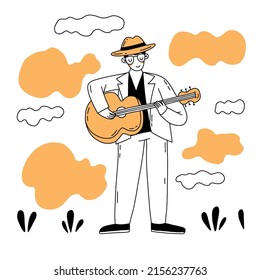 Musikspieler doodle flach handgezeichnet Illustration. Einfaches Vektorgrafik-Zeichendesign. Sommermusik-Illustration. Musiker mit Instrumentencartoon-Zeichnung einzeln auf weißem Hintergrund.