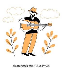 Musikspieler doodle flach handgezeichnet Illustration. Einfaches Vektorgrafik-Zeichendesign. Sommermusik-Illustration. Musiker mit Instrumentencartoon-Zeichnung einzeln auf weißem Hintergrund.