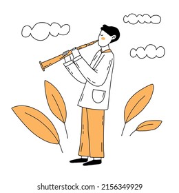 Music player doodle flat hand drawn illustration. Simple line vector character design. Summer music illustration. Musician with instrument cartoon drawing isolated on white background.