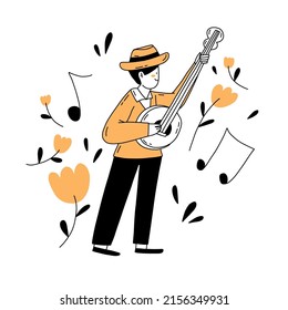 Music player doodle flat hand drawn illustration. Simple line vector character design. Summer music illustration. Musician with instrument cartoon drawing isolated on white background.