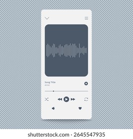 Music player frame mockup interface. Video player design template for web or mobile app. White theme. Display with button play like next skip song name, wave.