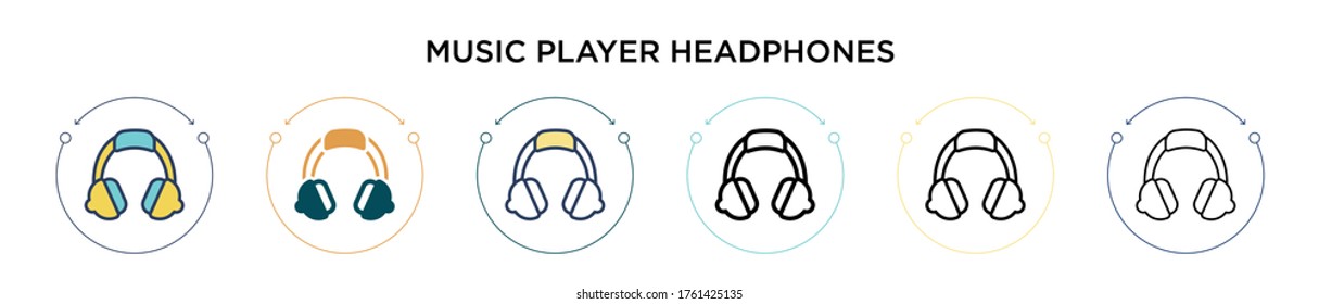 Music player headphones icon in filled, thin line, outline and stroke style. Vector illustration of two colored and black music player headphones vector icons designs can be used for mobile, ui, web