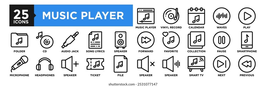 Conjunto de coleções de ícones do Music Player. Contendo áudio de design, som, reprodução, mídia, ilustração
