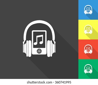 music player icon - gray and colored (blue, yellow, red, green) vector illustration with long shadow