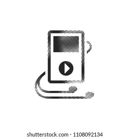 Music player icon in halftone style. Black and white monochrome vector illustration.