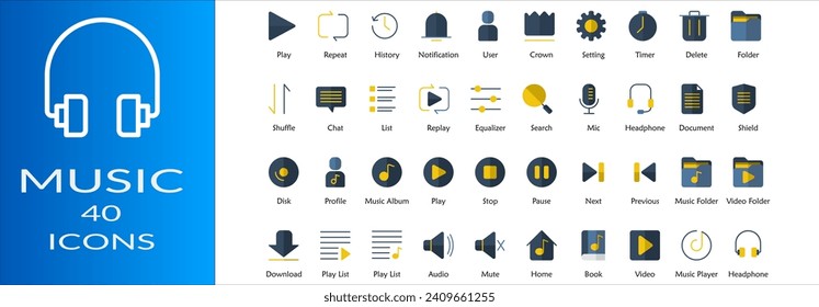 Juego de iconos del reproductor de música. Contiene auriculares, reproductor de música, video, audio, silenciar, lista de reproducción, descargar, reproducir, detener, pausar, barajar, reproducir, micrófono y ecualizador. Colección de estilo de color