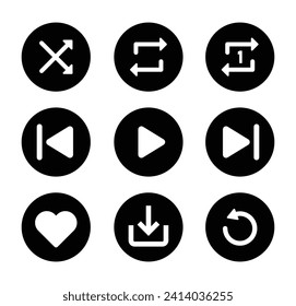 Music player icon set of nine in black and white color. Play, pause, next, previous, like, download, repeat, loop, shuffle icon collection for music player interface - Vector Icon