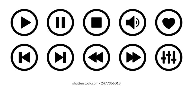 Musikplayer-Icon-Set mit Play-, Pause-, Next-, Previous Like- und Einstellungen-Symbol in Schwarzweiß-Strichstil. Media Player-Buttone-Symbolsatz, Buttone abspielen und anhalten, Video Audio Player.