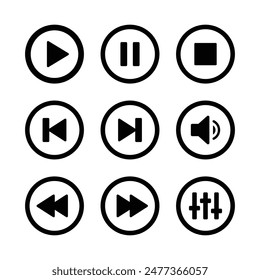 Music player icon set with play, pause, next, previous like and settings symbol in stroke style in black and white color. Media Player Button icon set, Play and pause buttons sign, Video Audio Player.