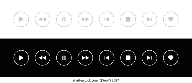 Music player icon set with play, pause, next, previous like and settings symbol in black and white color stroke style. Media Player Buttons icon set, Play and pause buttons sign, Video Audio Player.