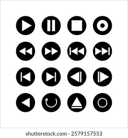 Music player icon set with play, pause, next, previous like and settings symbol in black and white color stroke style. Media Player Buttons icon set, Play and