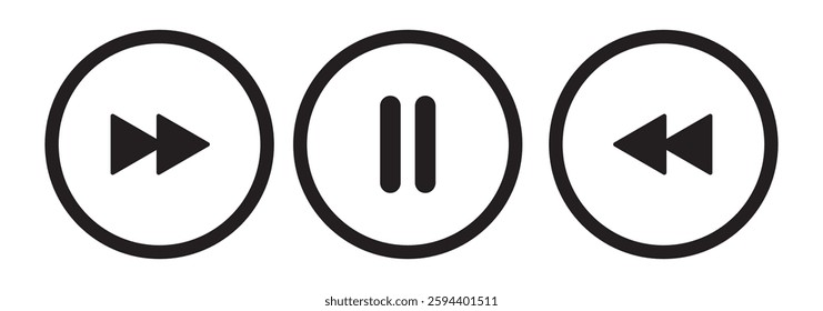 
Music player icon set with play, pause, next, previous like and settings symbol in black and white color stroke style. Media Player Buttons icon set, Play and pause buttons sign, Video Audio Player.