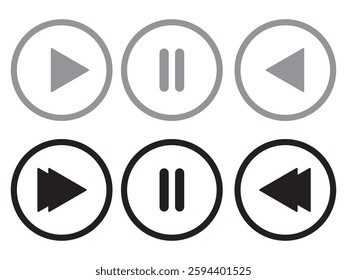 
Music player icon set with play, pause, next, previous like and settings symbol in black and white color stroke style. Media Player Buttons icon set, Play and pause buttons sign, Video Audio Player.