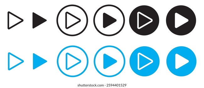 
Music player icon set with play, pause, next, previous like and settings symbol in black and white color stroke style. Media Player Buttons icon set, Play and pause buttons sign, Video Audio Player.