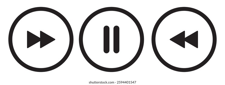 
Music player icon set with play, pause, next, previous like and settings symbol in black and white color stroke style. Media Player Buttons icon set, Play and pause buttons sign, Video Audio Player.