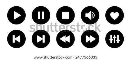 Music player icon set with play, pause, next, previous like and settings symbol in black and white color stroke style. Media Player Buttons icon set, Play and pause buttons sign, Video Audio Player.