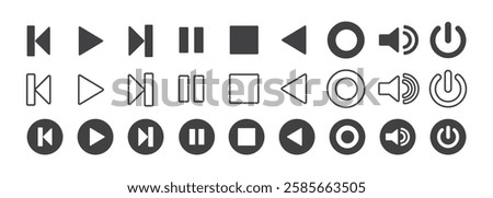 Music player icon set with play, pause, next, previous like and settings symbol in black and white color. Media Player Buttons icon set, Play and pause buttons sign, Video Audio Player button symbol.