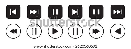 Music player icon set with play, pause, next, previous like and settings symbol in black and white color. Media Player Buttons icon set, Play and pause buttons sign, Video Audio Player button symbol.