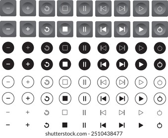 Conjuntos de ícones do reprodutor de música. conjuntos de botões multimídia, reproduzir, avançar, parar, aumentar o volume, diminuir o volume, retroceder, pausar, desligar, ligar o botão liga/desliga. ícones do reprodutor de vídeo definidos. coleção de botões do reprodutor de áudio. 