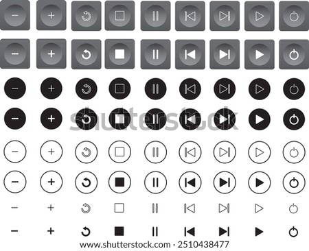 Music player icon sets. multimedia button sets,  play, forward, stop, volume up, volume down, rewind, pause, power off, power button power on. video player icons set. audio player buttons collection. 
