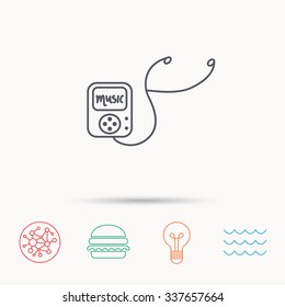 Music player icon. Songs portable device sign. Multimedia sound technology symbol. Global connect network, ocean wave and burger icons. Lightbulb lamp symbol.
