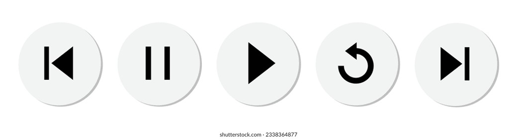 Music player icons: play, pause, resume, fast forward, rewind, replay, repeat in black color within grey circle. Pause play icons set isolated premium design.