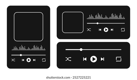 Music player interface with album cover frame, buttons, progress loading bar and sound wave. Playback menu widget templates isolated on white background. Vector graphic illustration.